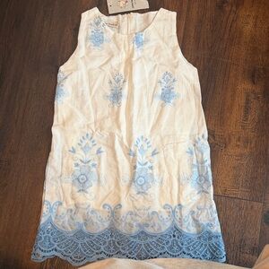 Sleeveless White Dress with Blue Floral Embroidery